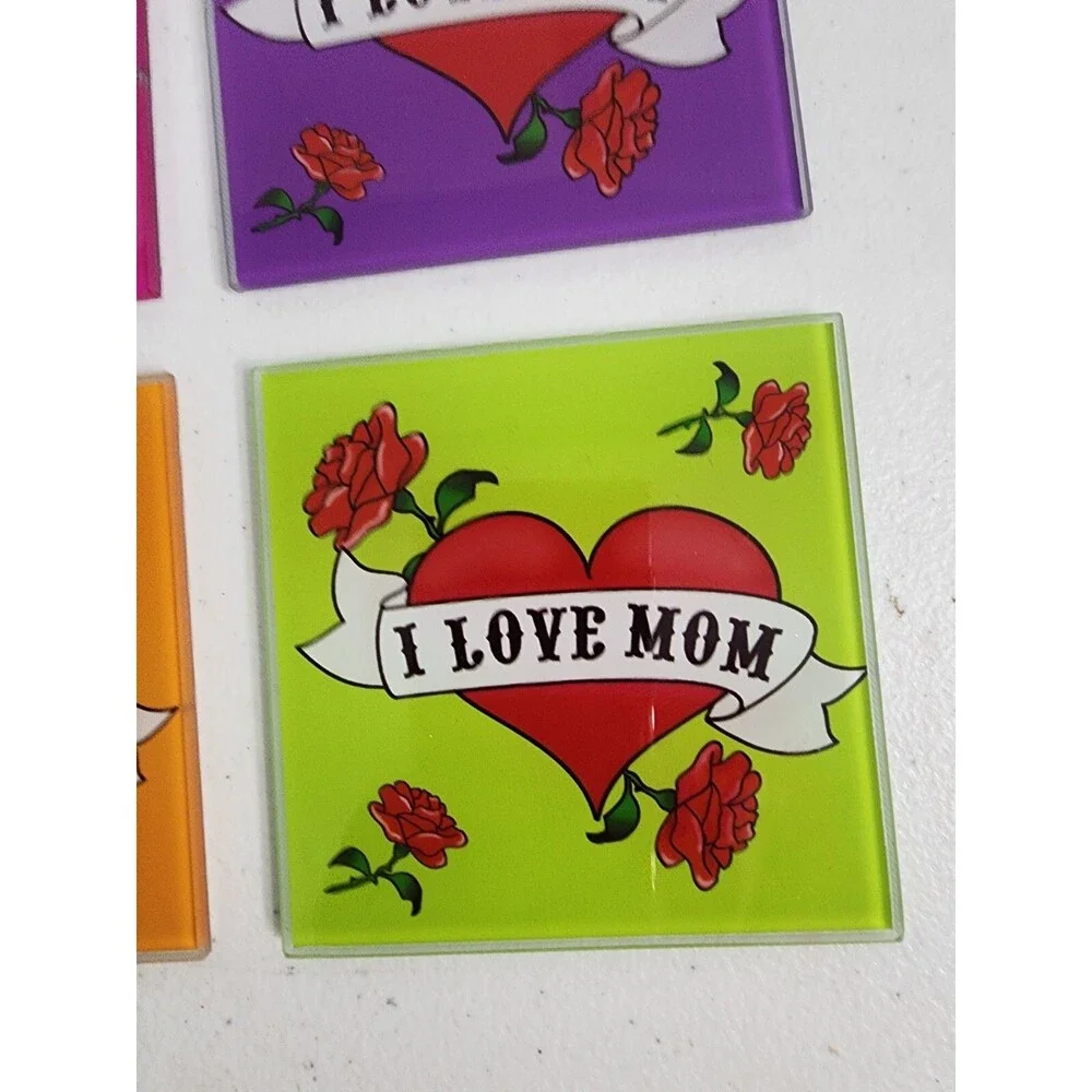 Mothers Day Gift I Love Mom Glass Coasters Hearts Roses Set Of 4 W/Case TMD